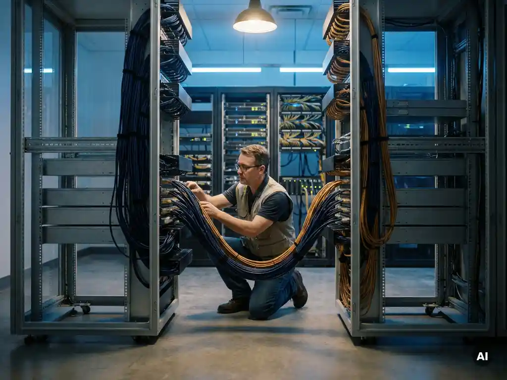 Gemeentelijke data-architect verbindt gekleurde netwerkkabels tussen serverracks in een overheidsdatacenter met gestructureerde patchpanelen.