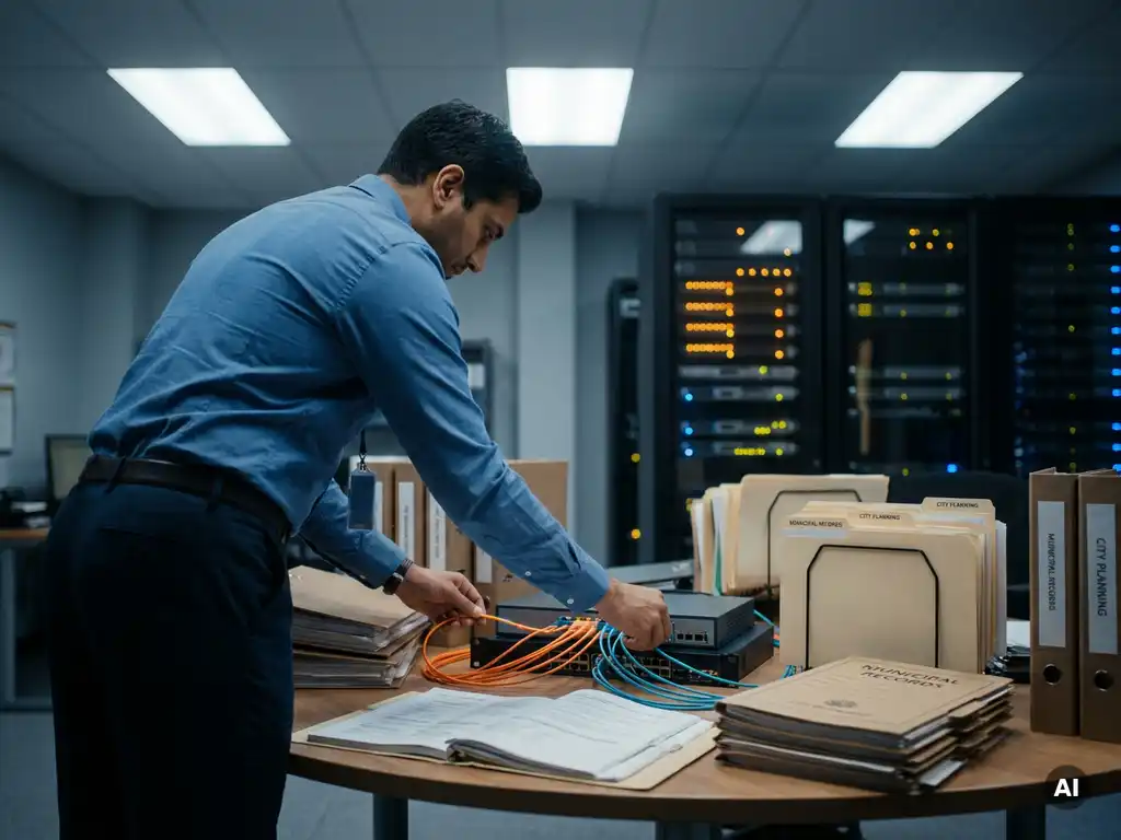 Gemeentelijke databasebeheerder verbindt verlichte serverrackkabels met centrale hub, omringd door overheidsdocumenten op modern bureau.
