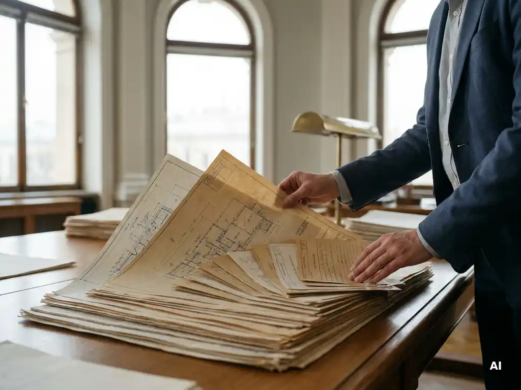 Professionele handen ordenen architecturale kaartdocumenten op een gemeentelijke vergadertafel bij zacht daglicht.