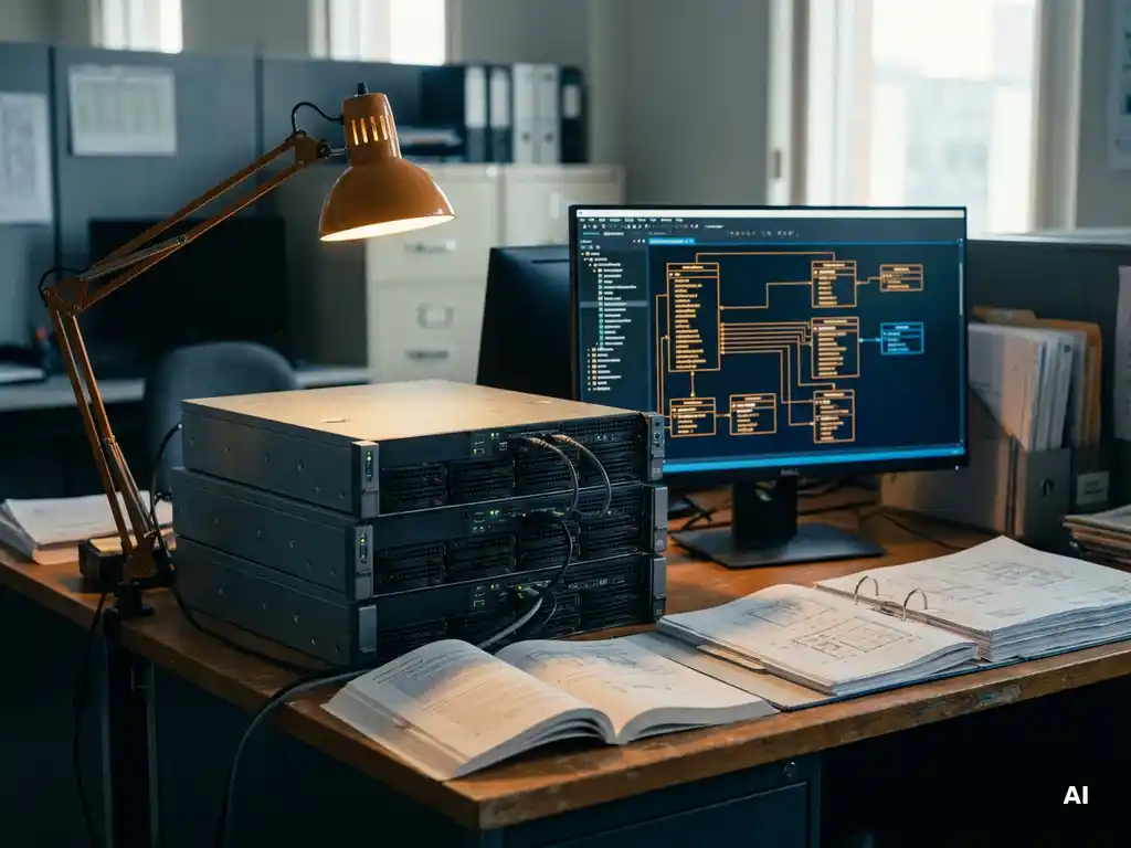 Drie gegroepeerde servers op het bureau van een gemeentelijke data-architect, verlicht door een amberkleurige lamp, met databaseschema's op monitor.