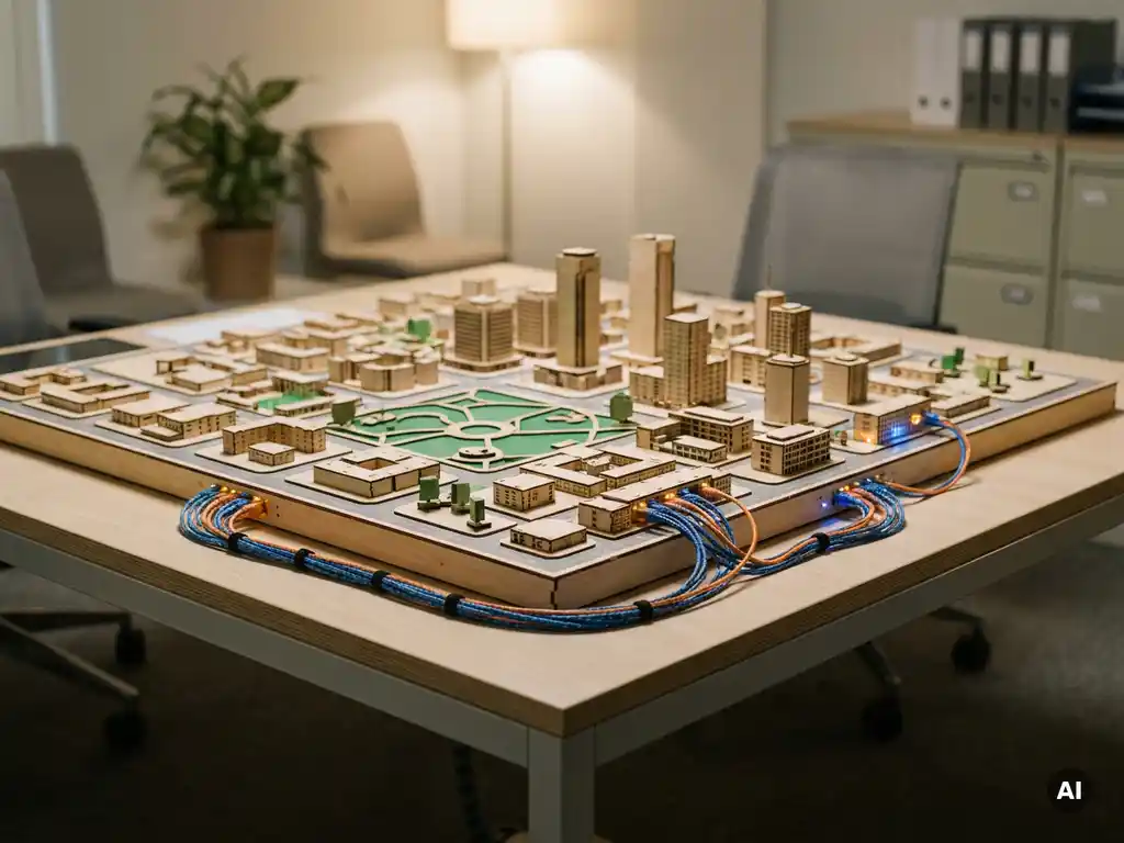 Architecturaal stadsmodel op modern bureau met gestructureerde datakabels tussen gebouwblokken, staal-blauwe en amberkleurige tinten, gemeentelijk kantoor.