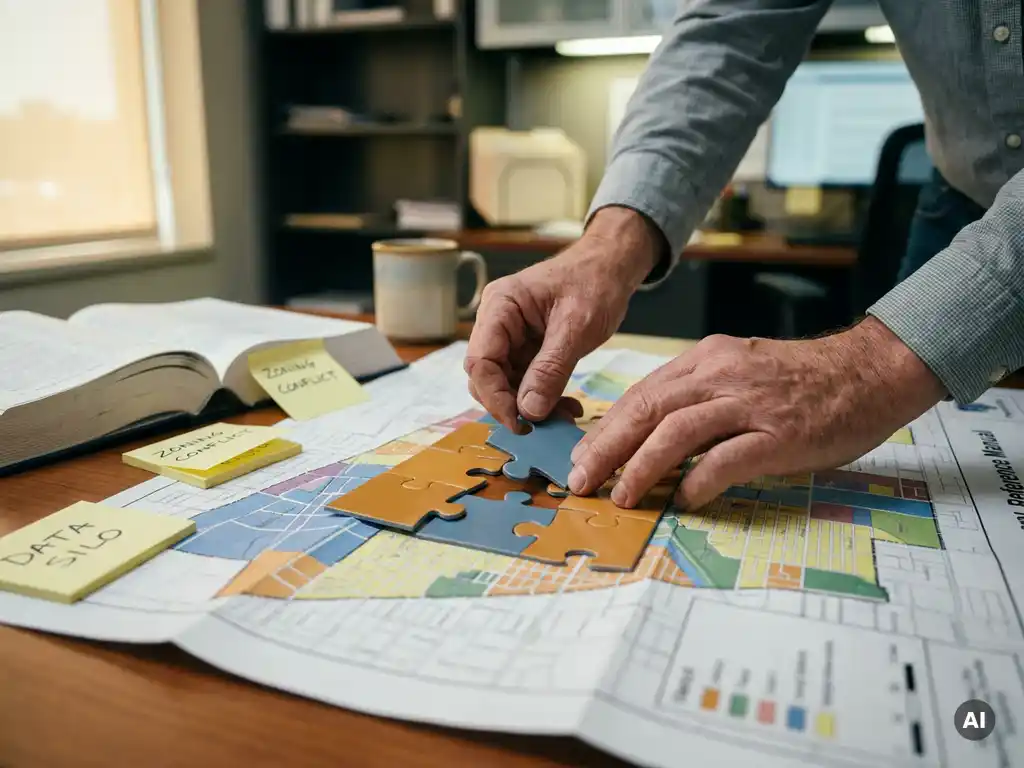 Stadarchitect duwt puzzelstuk in verkeerde opening op gedetailleerde bestemmingsplankaart, met PostgreSQL-handleiding en notities op bureau.
